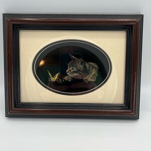 Scratchboard Cat Butterfly Art Print Jeanine Nahra Framed Oval Matted